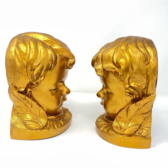 Vintage Gold Child Head Bookends Set Bronze Color Heavy Cherub - Picture 4 of 7